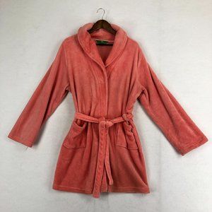 Dip Sleepwear Women's Size Large Peach Pink Plush Belted Patch Pocket Bathrobe